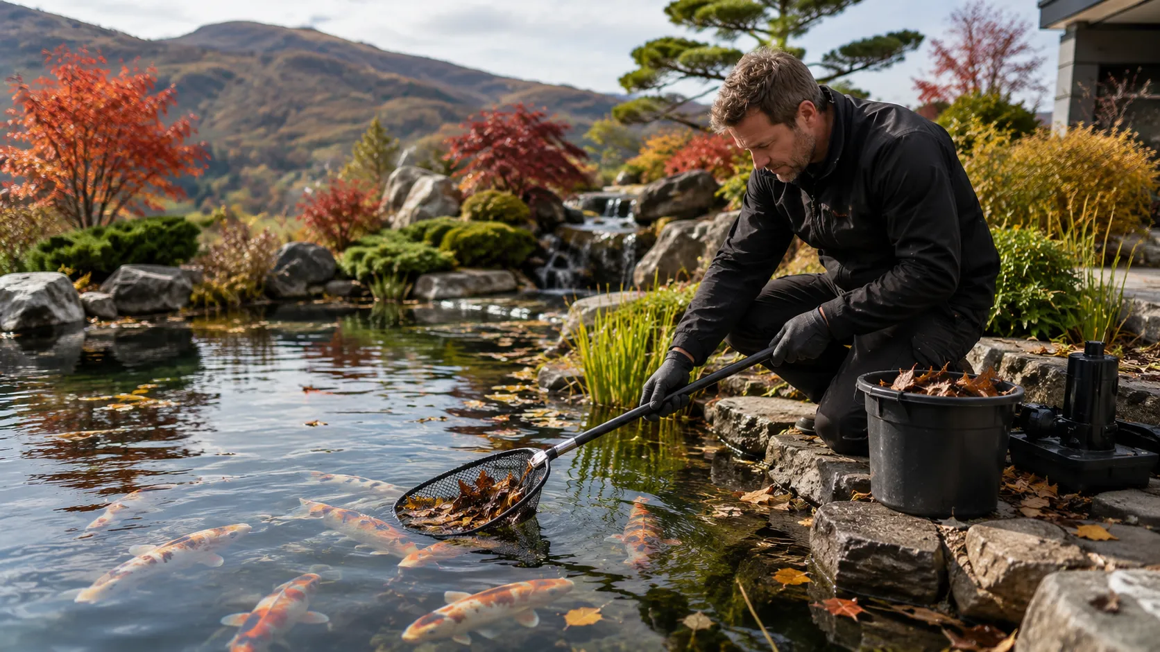 Seasonal koi pond maintenance